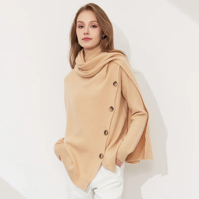 High-end 100% Cashmere Women's Knitted Sweater Autumn And Winter Pile-up Collar Scarf And One-Piece Bottoming Lady Top