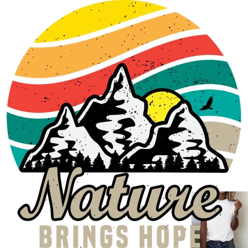 Retro Nature Mountain Heat Transfer White Ink Iron - on Patch, Suitable for T - Shirts, Canvas Bags, Casual Outdoor Style,