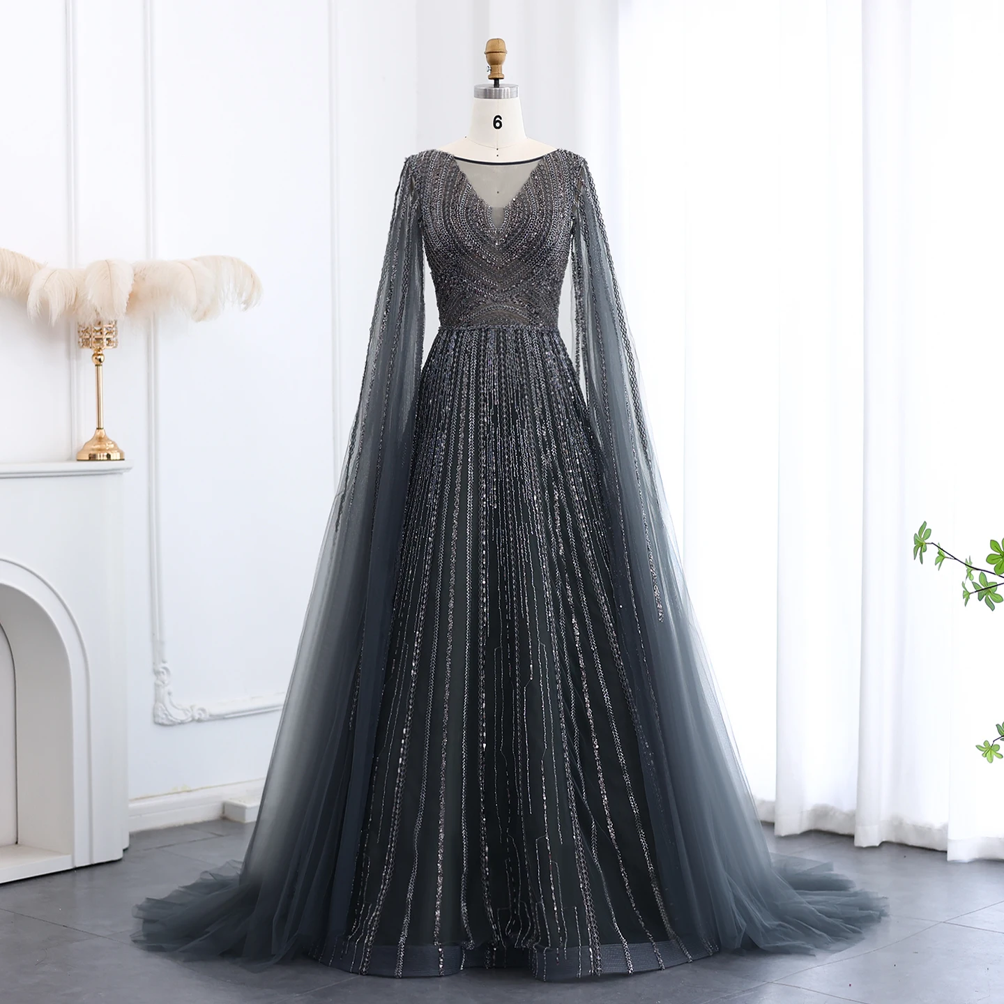 Sharon Said Luxury Gray Green Arabic Plus Size Evening Dress with Cape Sleeve Blue Pink for Women Wedding Party SS005 Customized