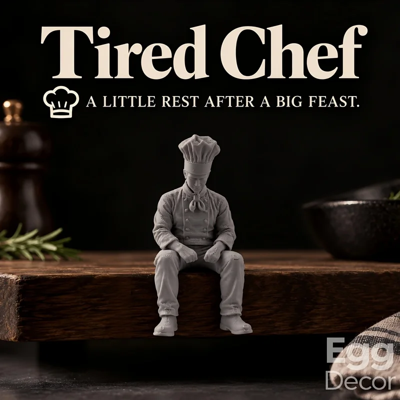 tired chef seated figurine, chef statue ornament, halloween christmas collectible decor, home desktop bookshelf edge sitter