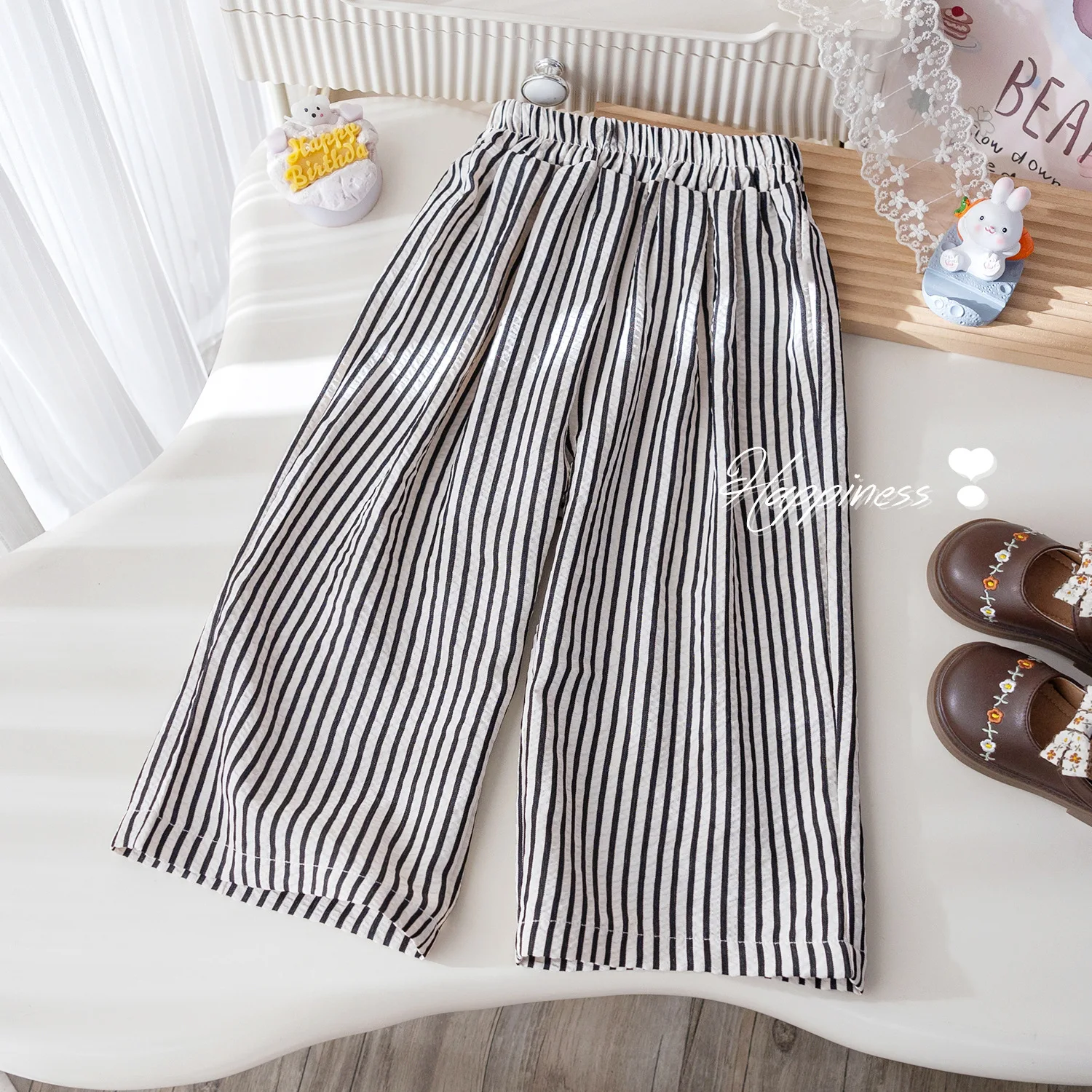 

Girls Summer Striped Casual Pants Korean Simple Loose and Versatile Straight-leg Pants Baby Summer Light and Breathable Trousers