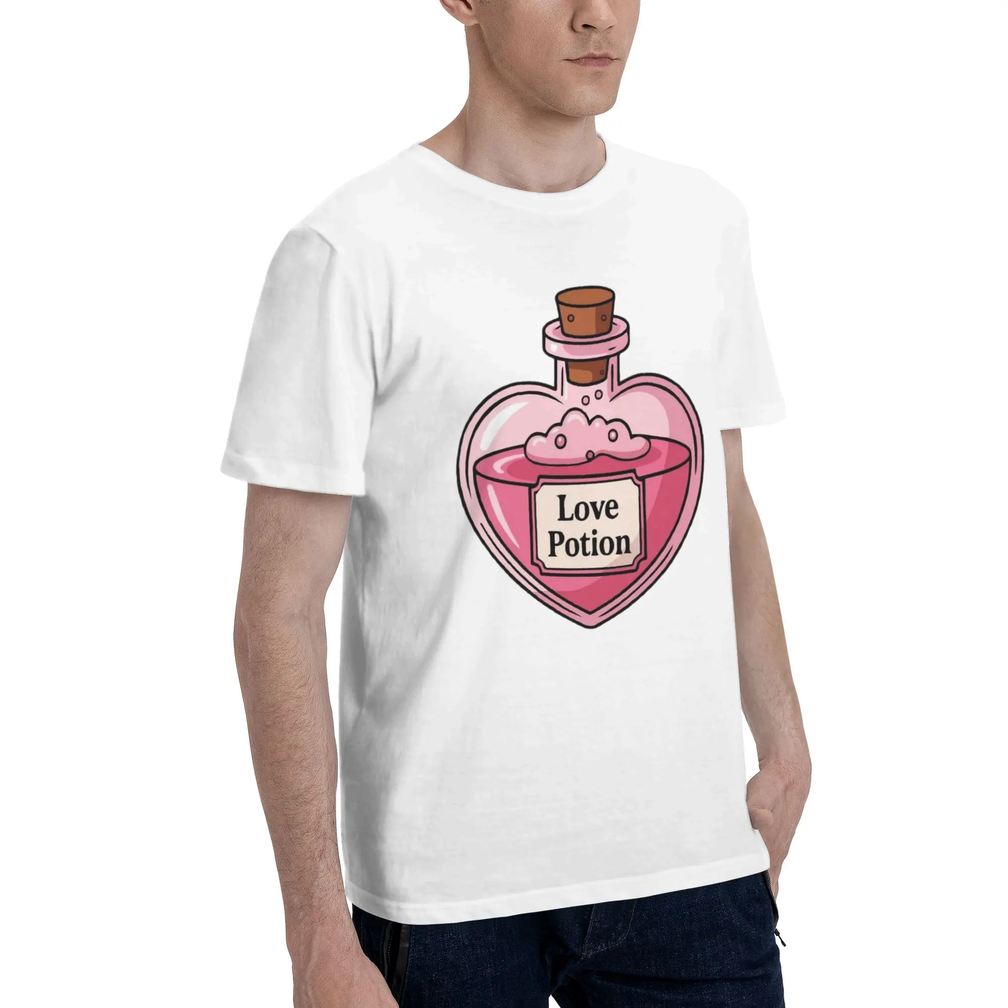 Pink Heart Love Potion Bottle Art Men's T Shirts  Novelty Tees Short Sleeve Round Collar Cotton Birthday Present Clothing TShirt