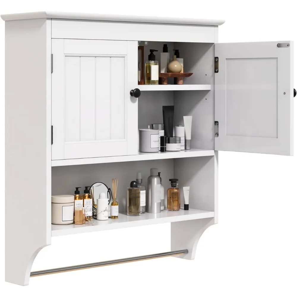 

Bathroom Wall Cabinet with Towels Bar, Wall Mounted Medicine Cabinet with 2 Door and Adjustable