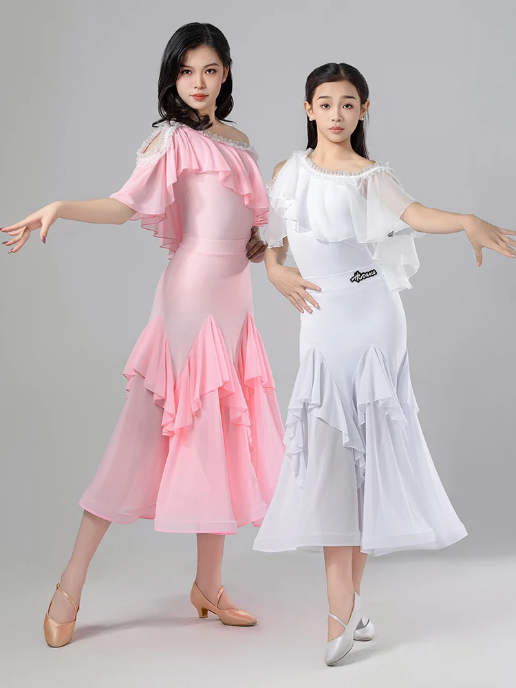 

2024 Children Ballroom Dance Performance Costumes For Girls White Pink Tops Modern Dance Skirts Suit Waltz Latin Dress DQS16955