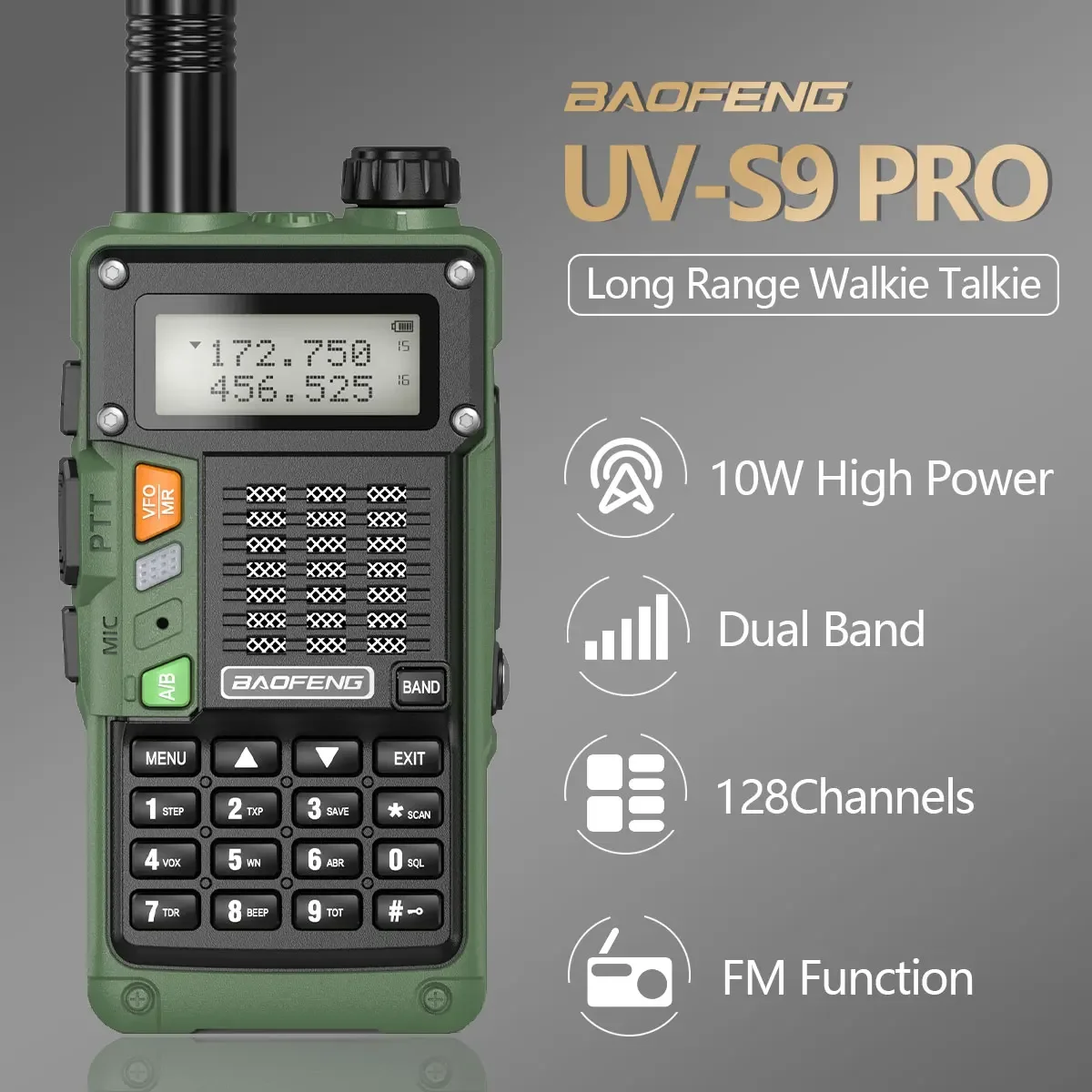 Baofeng-walkie-talkie bidireccional UV-S9 Pro V2, 10W VOX, carga USB, UHF, VHF, resistente al agua, alta potencia, larga distancia, 128 canales