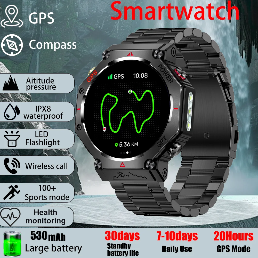 

Смарт-часы MilitaryGrade, 530 мАч, 3 атм, водонепроницаемые, GPS, компас, фонарик, Bluetooth-вызов, 1,39 дюйма, спортивные умные часы