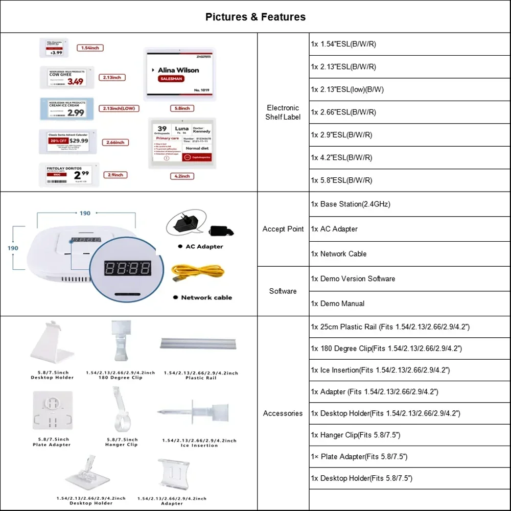 7 pcs Epaper label 2.4GHz Electronic shelf label samples Eink display ESL price tag  test package retail shop ESL label demo kit