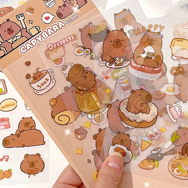 Capybara Kawaii fosco adesivos, desenhos animados bonitos, Decoração do diário, Scrapbooking, Jornal adesivos, Papelaria estética, escola, 4 folhas