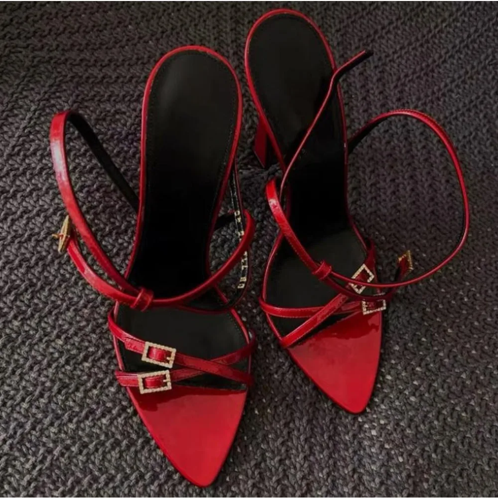 

Red Pointed Diamond Buckles Tapered Heel Sandals Woman Summer 2026 Rhinestones Black Open Toe Stiletto Pumps Sexy High Heels