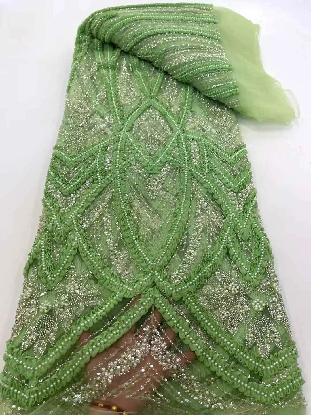 

African Beads Lace Fabric 2025 High Quality French 3D Flower Green Embroidery Beads Tulle Lace Fabric For Party Dress Wedding