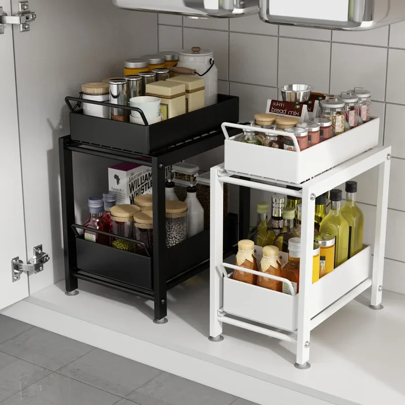 Under Sink Cabinet Organizer 2-Tiers Stackable Storage Shelf with Sliding Baskets Drawers for Kitchen Bathroom Kitchen Storage