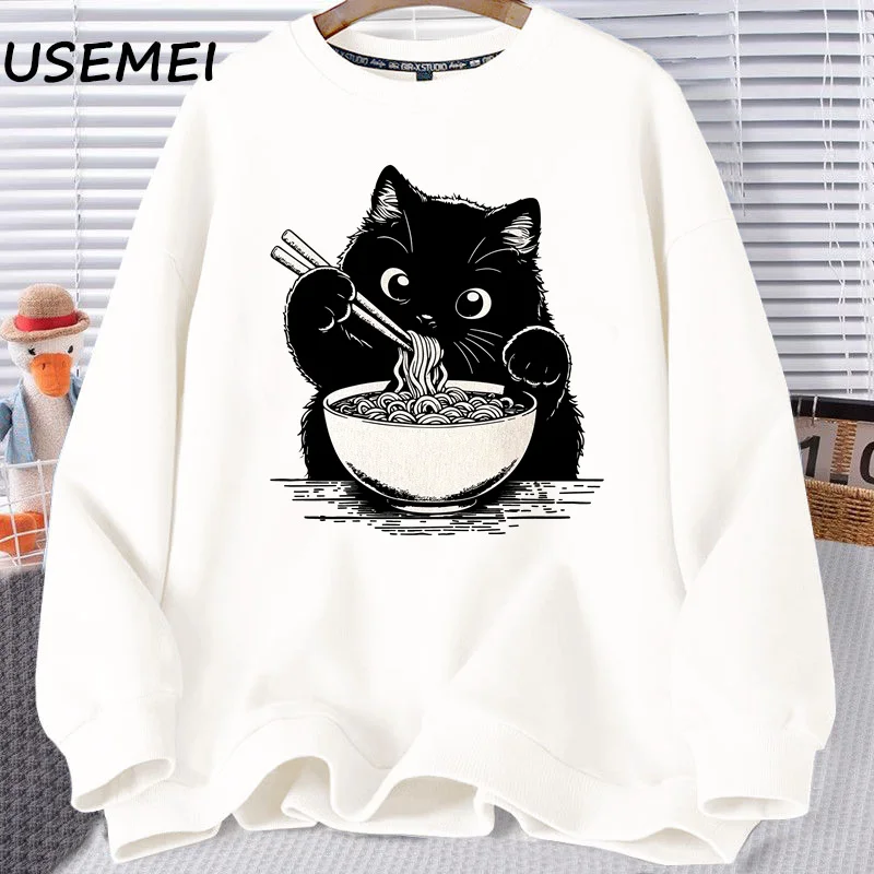 Noodle Cat Womens Sweatshirts Ramen Cat Mom Hoodies Trendy Cat Lover Clothes Funny Graphic Hoodies Pullover Long Sleeve Clothes