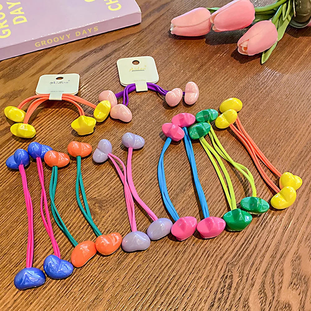 Kids Cute Heart Bead Hair Ropes Candy Color Frosted Scrunchies For Baby Girl Gum Ponytail Holder Hair Bands Accessories