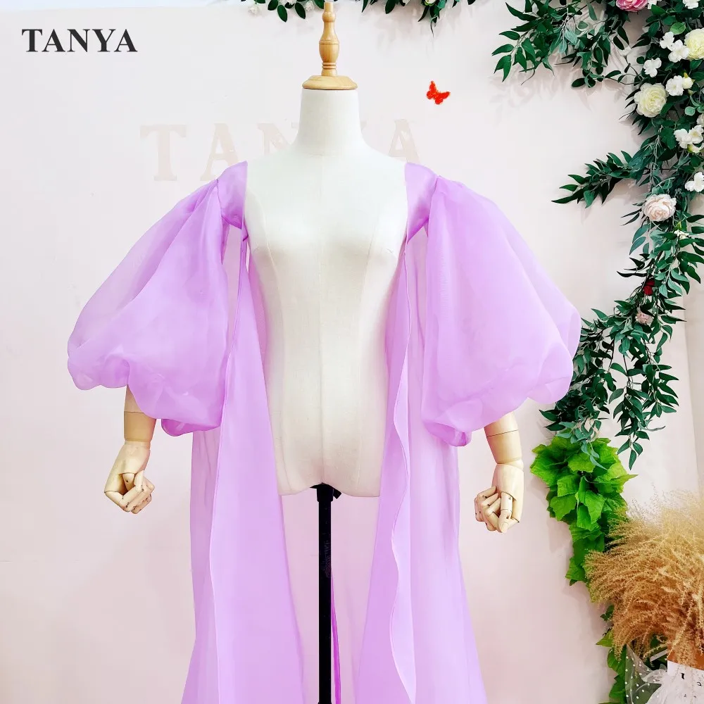 Lavender Long Puffy Sleeves Cape Floor Length A Line Bohemian Elegant Thicj Organza Ruffles Clock New Wedding Long Jackets DJ154