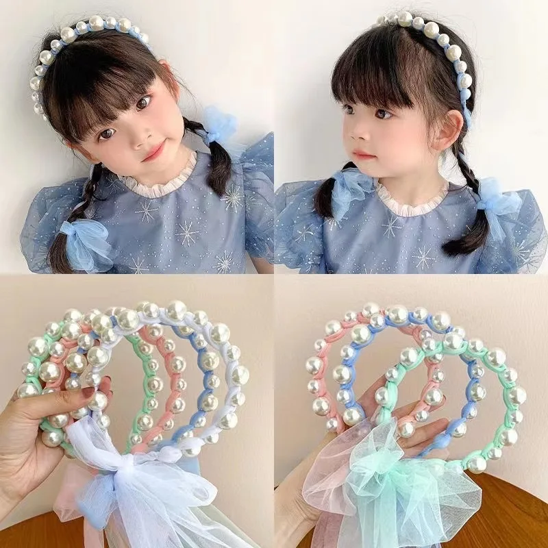 Children\'s Pearl Ribbon Hair Hoop Cute Girl Mesh Headband Sweet Bow Decoration Hair Accessory Party Performance Gifts