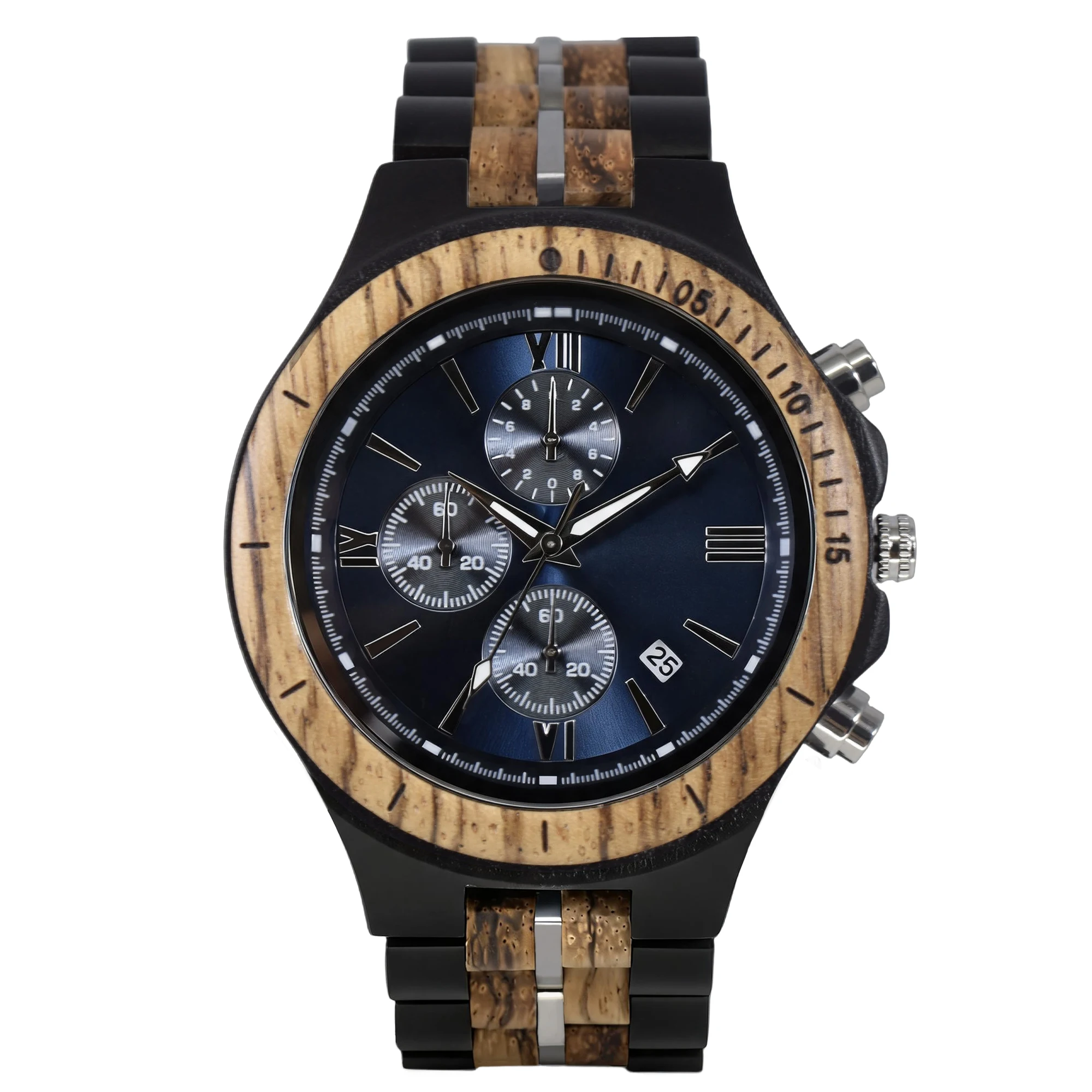 Large Dial Steel Mixed Wood Watch with Multifunction European Style Business Round Folding Clasp for Men Wristwatch