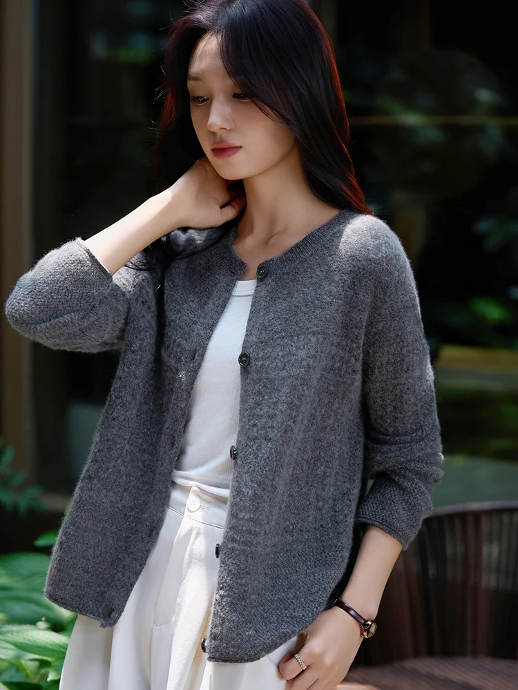 

Classic Women's round Neck Knitted 100 Wool Open Cardigan Soft Hand Hooked Hollow out Design Versatile Woolen Sweater Coat