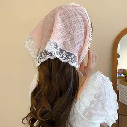 Lace Triangle Scarf Pink Turban Bandage Bandana Headbands Women Retro Party Travel Hair Accessories Headwear Fashion Headwarps