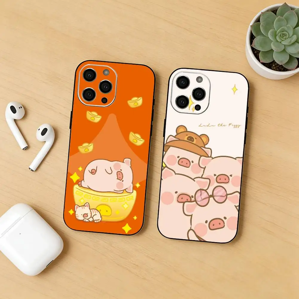Cartoon LuLu Pig Phone Case For iPhone17,16,15,14,13,12 Plus,Max Soft Silicone Black Cover