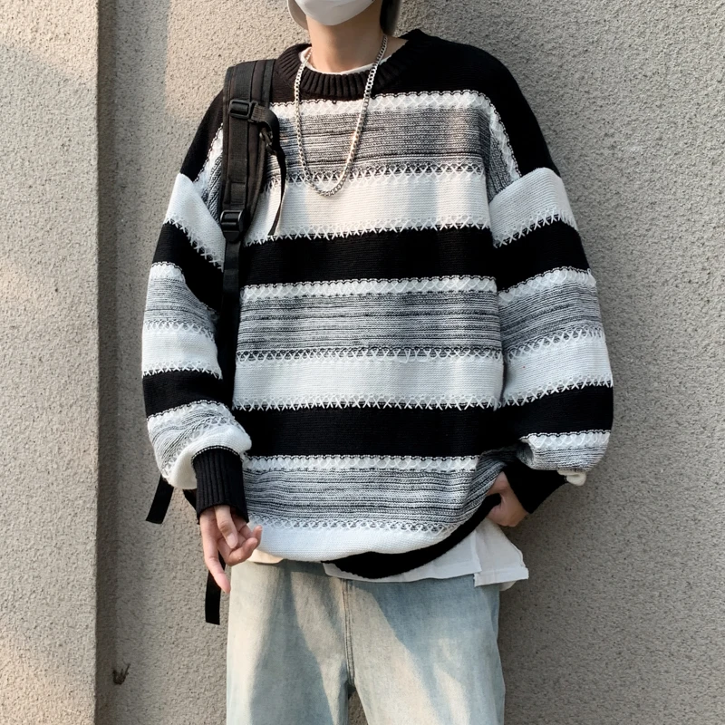 O-neck Pullovers Men Loose Fall Newly Chic Knitted Sweaters Simple Striped Vintage Fashion Leisure Date Ulzzang Street All-match