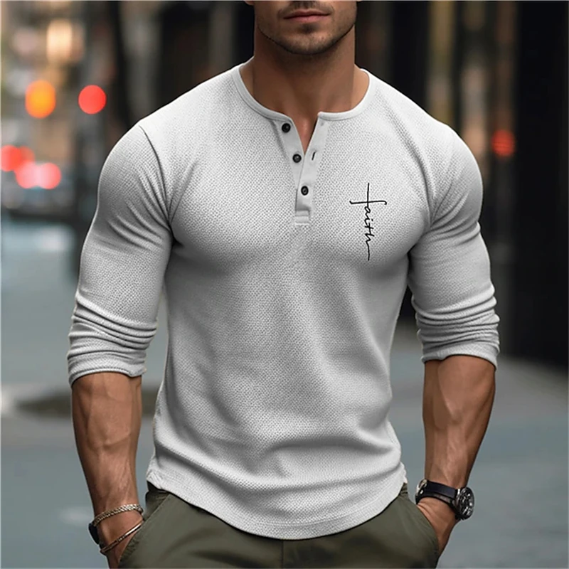 Fall Henley T-Shirt Solid-Color Men's Cross-Print Henley Shirt Button-Down Collar Long Sleeves Fashionable Casual Everyday Wear