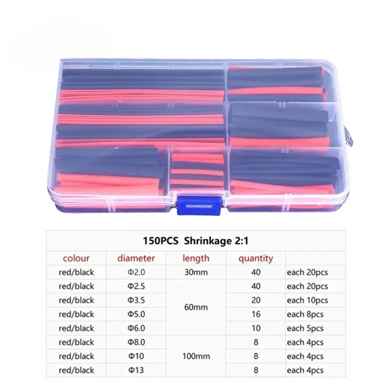 150PCS Black Red Heat Shrink Tubing Set 2:1 Assortment Polyolefin Tube Car Cable Sleeving Wrap Wire Kit Thermoresistant Tubing