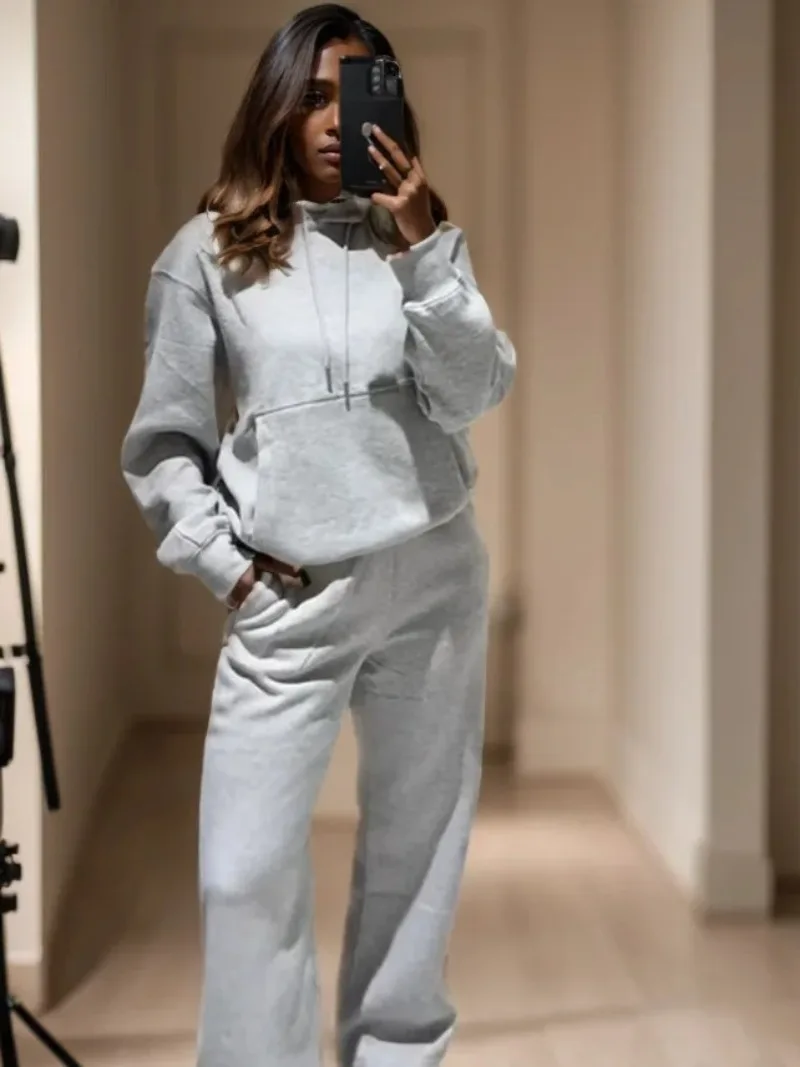 

Осенние повседневные женские комплекты, базовые длинные брюки с эластичной резинкой на талии, комплект из 2 предметов, однотонные свободные толстовки с капюшоном, топы, спортивный стиль, женская одежда