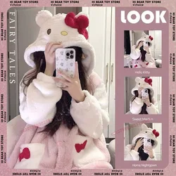 2024 Hello Kitty Pajamas Women's Autumn And Winter Coral Velvet Thickened Bathrobe Cute Winter Nightgown Long Women's Suit Gift