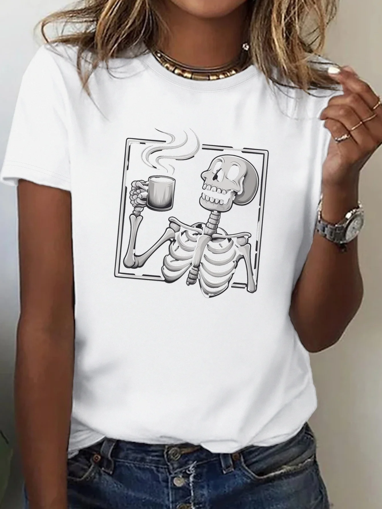 Women's Comfort Fit T-Shirt Cheerful Skeleton with Coffee Mug Graphic Printed Royal  Casual Round Neck Tee for Casual Attire