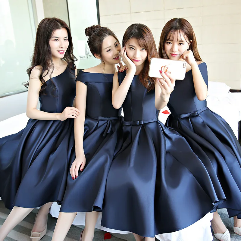 Reject Return M79 Sweet Memory Navy Blue Bridemaid Dresses Satin Graduation Prom Cocktail Gown Women Lady Wedding Party Dress