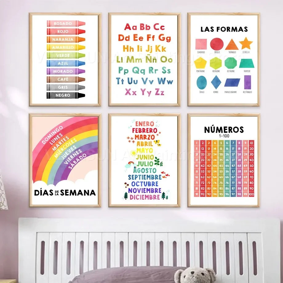 

Spanish Education Color Shape Alphabet Number Rainbow Wall Art Canvas Painting Posters And Prints Pictures For Kids Room Decor