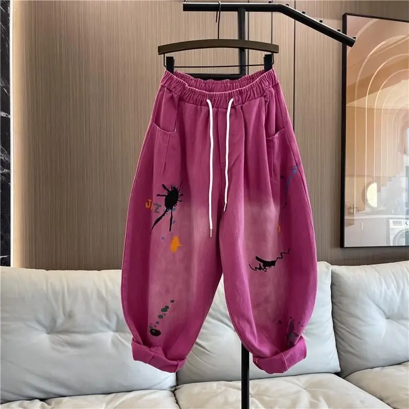 

Окрашенные джинсовые укороченные брюки для женщин, весна-осень 2021, свободный крой с эластичной резинкой на талии, прямые брюки большого размера, тренд брюк в винтажном стиле