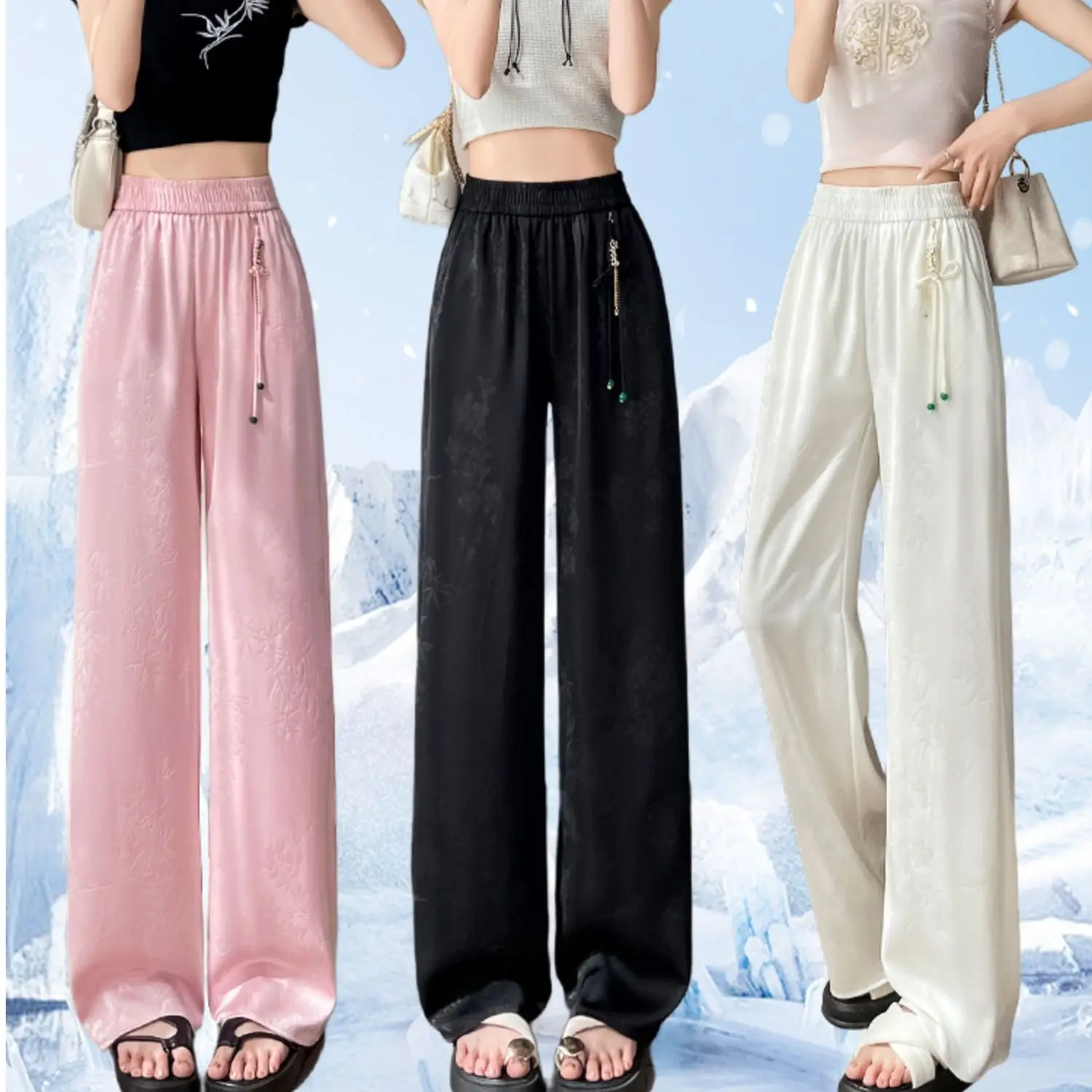New Chinese Style High Waist Draped Thin Wide Leg Pants Summer Season Ice Silk Tassel Trimmed Floral Embroidery Satin Pants