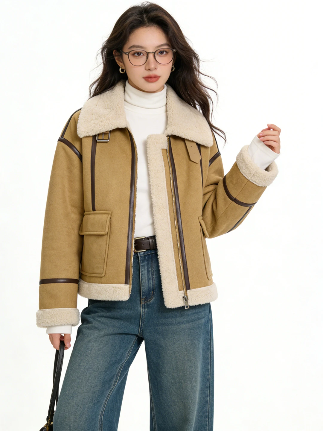 

Korean Sle ort Lamb Fur Jaet Women's Winter Warm Suede Coat Cotton Fill Versatile Retro Leather And Fur Inteated