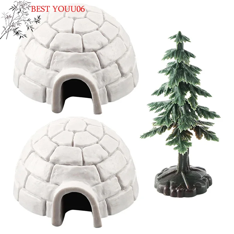 (YOUU06)Polar Igloo Christmas Tree Figurine Set Miniature Arctic Figures Toy Playset Mini Polar Animal Shelter Decorative