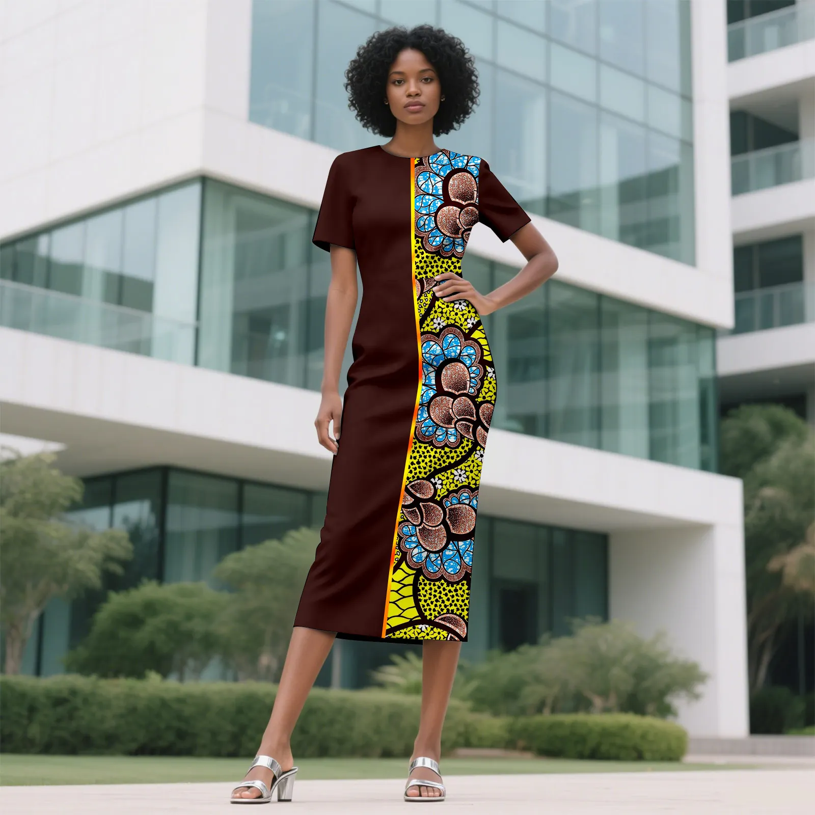 Afripride Women's Ankara Dress Sexy Round Neck Asymmetrical Patchwork Dress 2525113
