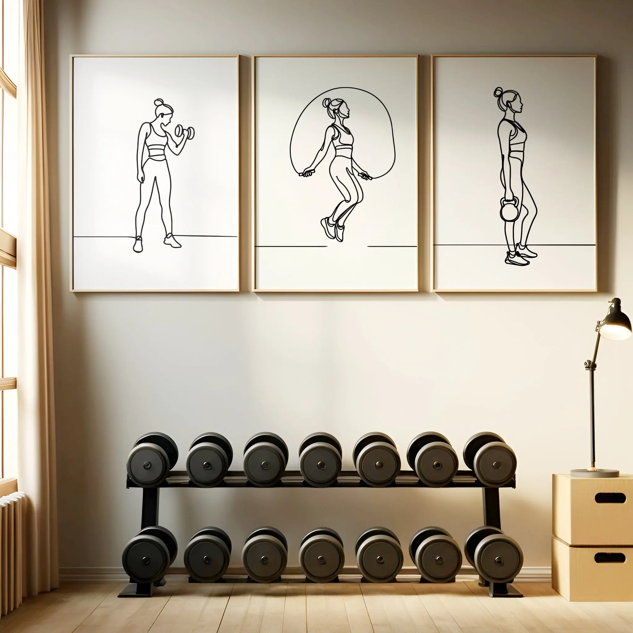 3pcs Fitness Girl Athlete Art Posters: Line Art, Weightlifting, and Jump Rope Frameless Canvas Prints for Yoga Studio Gym Decor