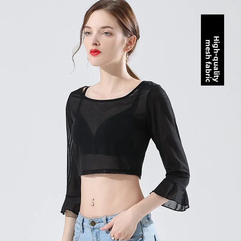 

Женская полупрозрачная сетчатая базовая рубашка с рукавом до локтя, модный тонкий кружевной топ с круглым вырезом для повседневной носки