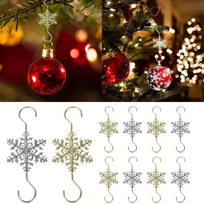 10-100PCS Snowflake Design Christmas Hooks Metal Ornament Hangers Non Slip S Shaped Pendant for Tree Wreath Party Decoration