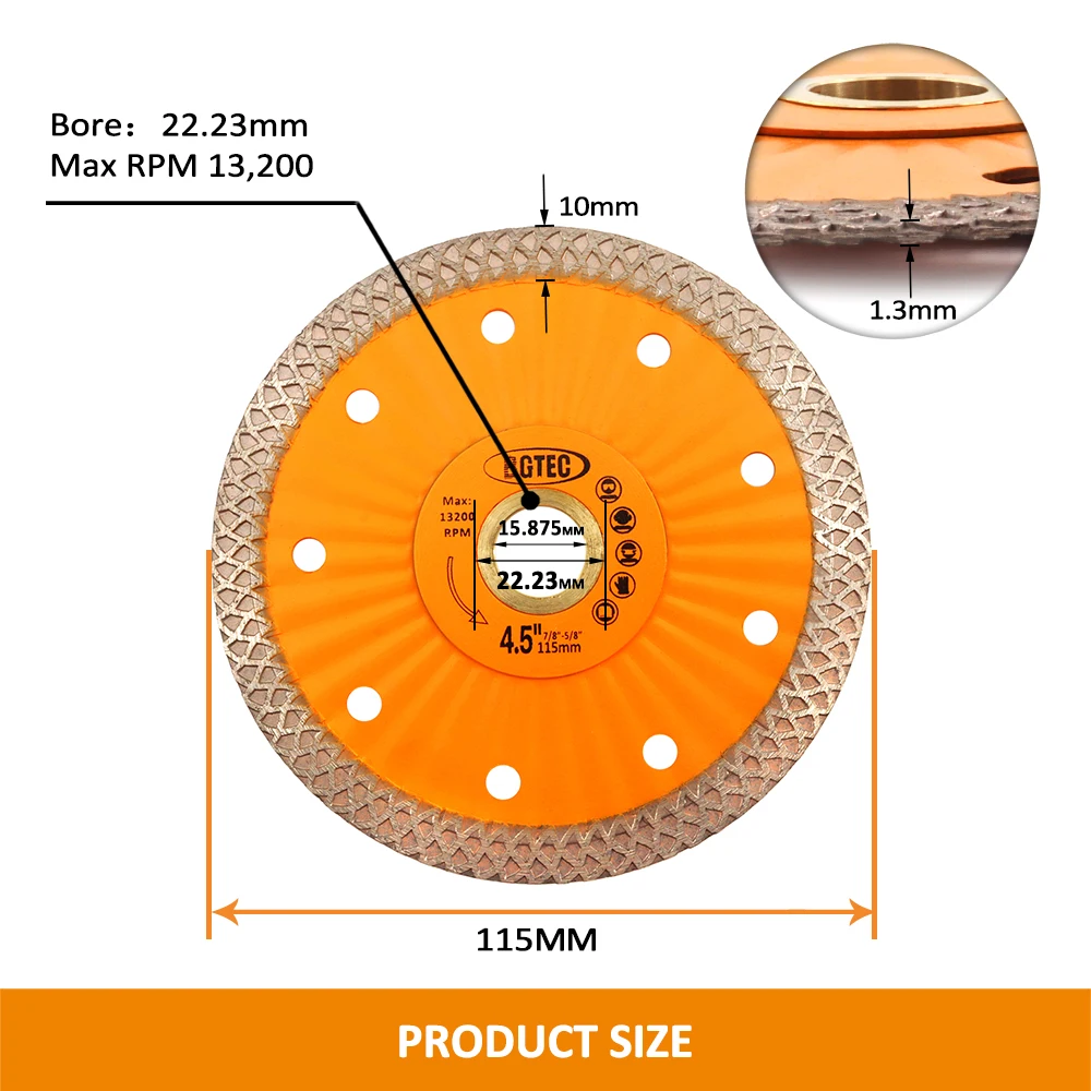 BGTEC 4.5"/Dia115mm Diamond Circular Saw Blade Cutting Disc Tile Stone Marble Granite Stone Superthin Mesh Turbo with Lug Cutter