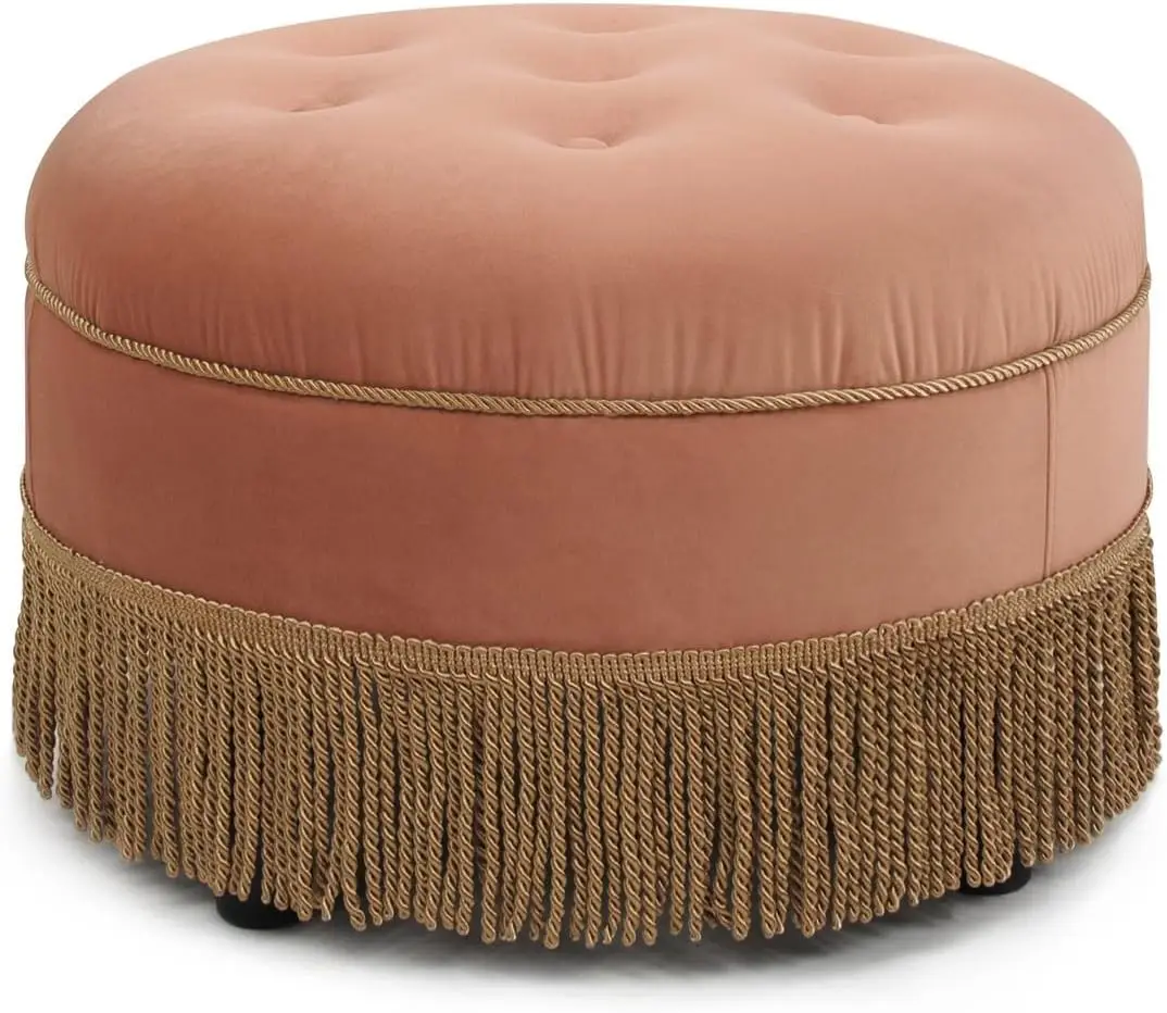 

Jennifer Taylor Home Yolanda Upholstered Round Accent Ottoman, Peach Orange Velvet with Gold Trim