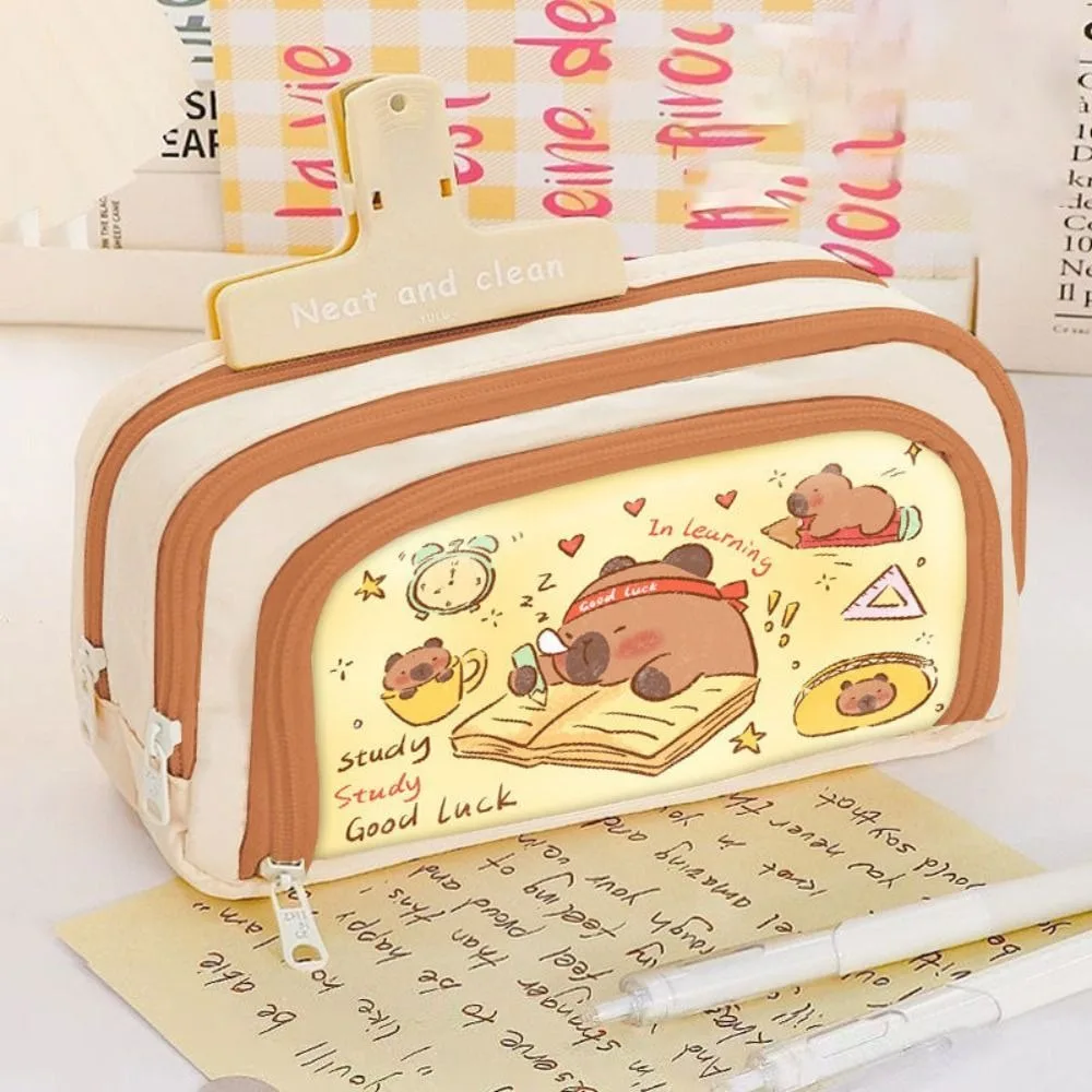 9 في 1 مجموعة حقيبة أقلام كابيبارا 3 طبقات مع حقيبة شبكية حقيبة تخزين أدوات مكتبية سعة كبيرة مقلمة قماشية عالمية