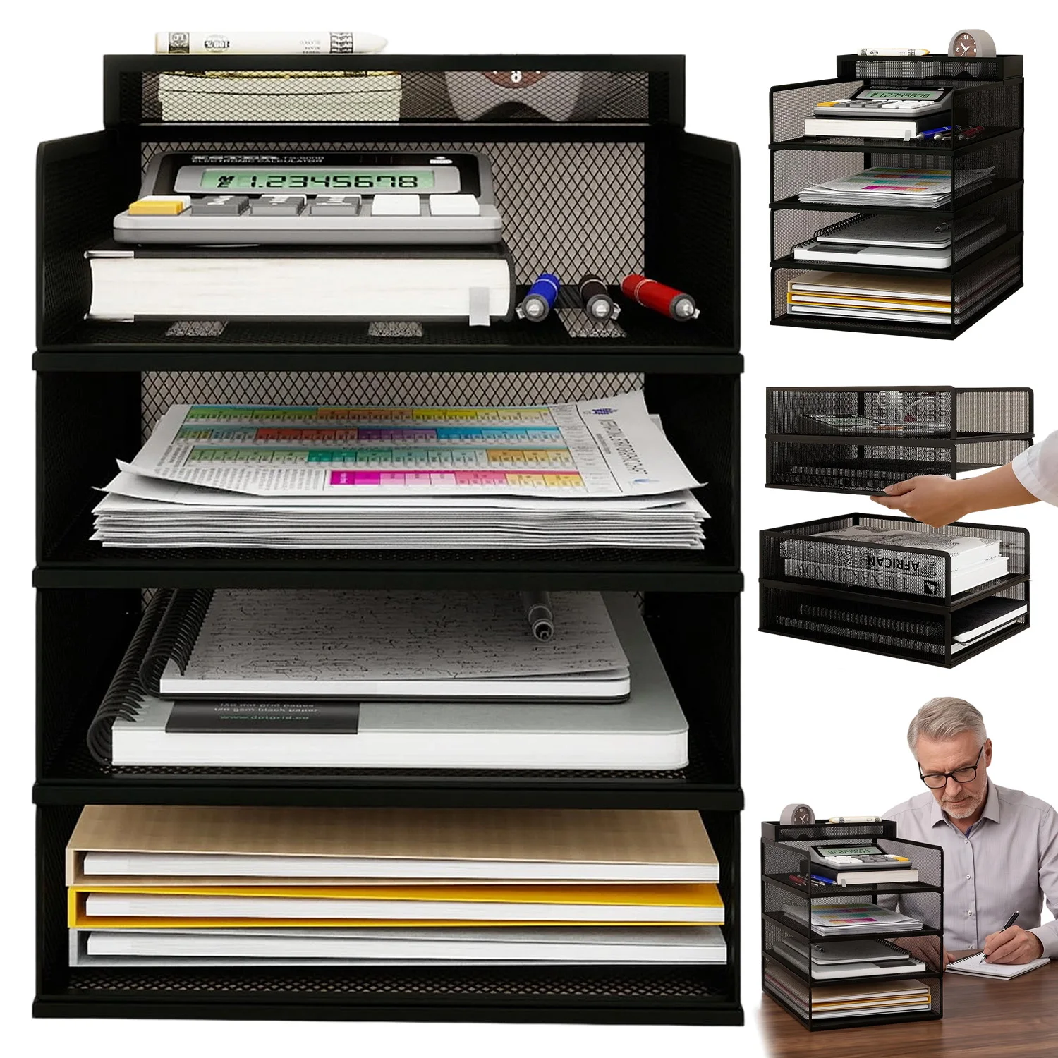 5-poziomowy metalowy organizer na biurko, modułowy pojemnik na dokumenty i pisma w formacie A4, segregatory i notatniki, stojak do przechowywania na biurku, idealny do biura, domowego biura, szkoły i