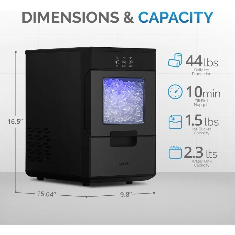 Newair Nugget Ice Maker Countertop - 44lbs/Day, Countertop Sonic Ice Machine, Self-Cleaning & Refillable Water Tank