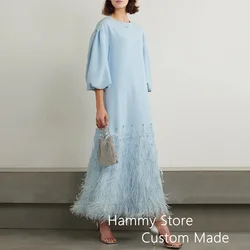 Pale Blue Evening Dress Customized Feathers 3/4 Sleeves Stones Ankle Length A Line Saudi Arab Prom Gown Daily Party Dress