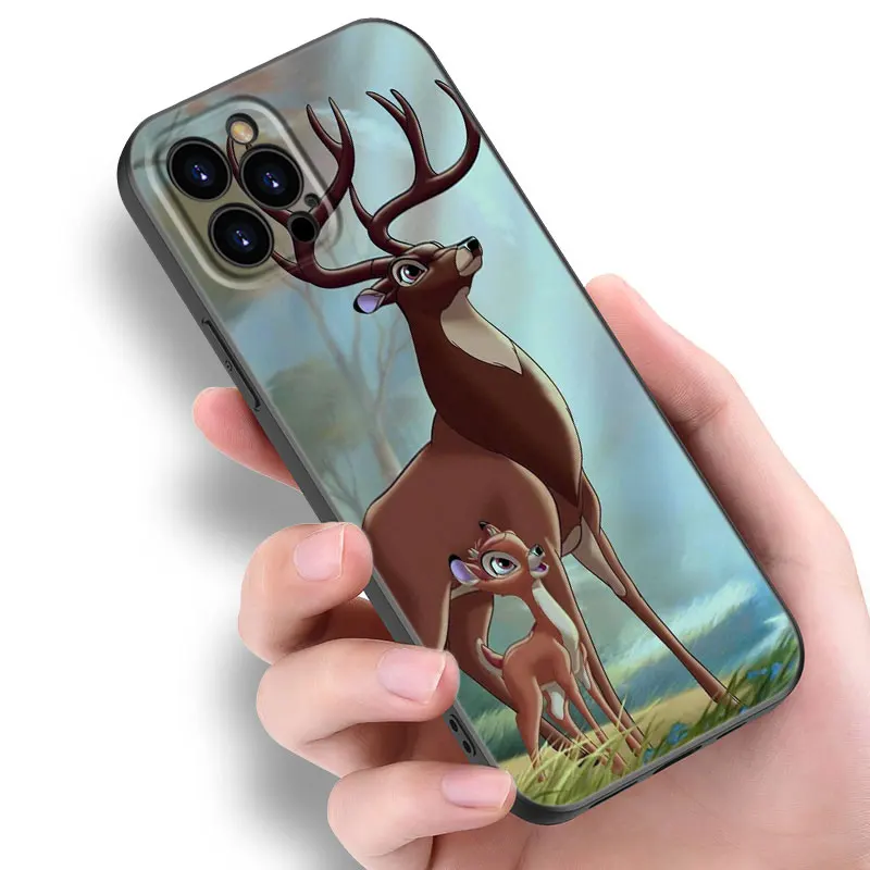 Cute Cartoon Bambi Black Silicone Phone Case For Apple iPhone 12 13 Mini 11 14 15 16 Pro Max 7 8 Plus