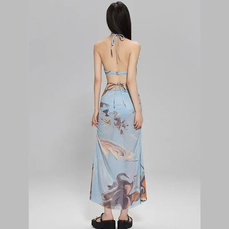 2025 Women's Slimming 3-Piece Bikini Set with Split Skirt And Cover-Up Long Beach Vacation Swimsuit Separate Sexy Swimwear