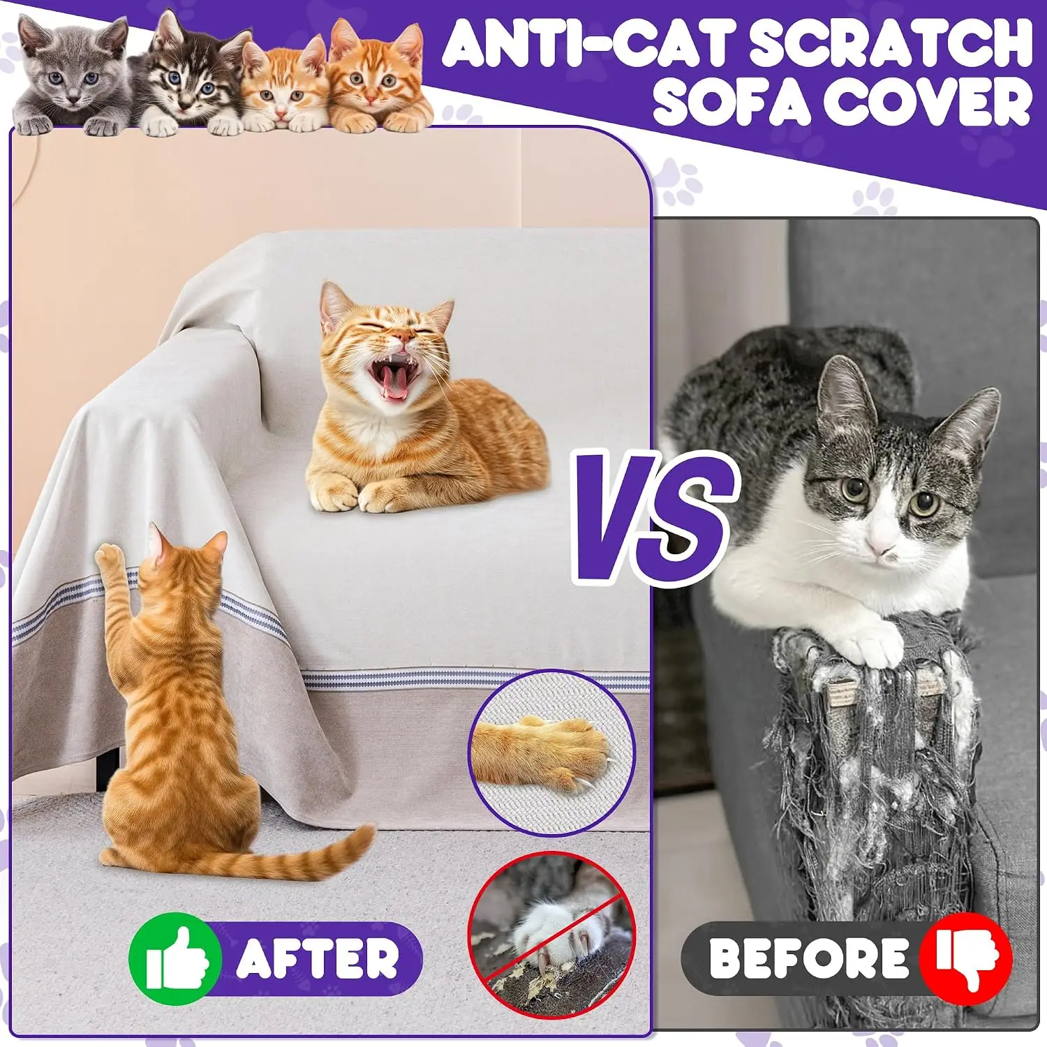 Cat Scratch Furniture Protector - Anti-Slip, Waterproof Sofa Cover to Keep Cats Off, Pet-Friendly Couch Protectors for 3 Cushion