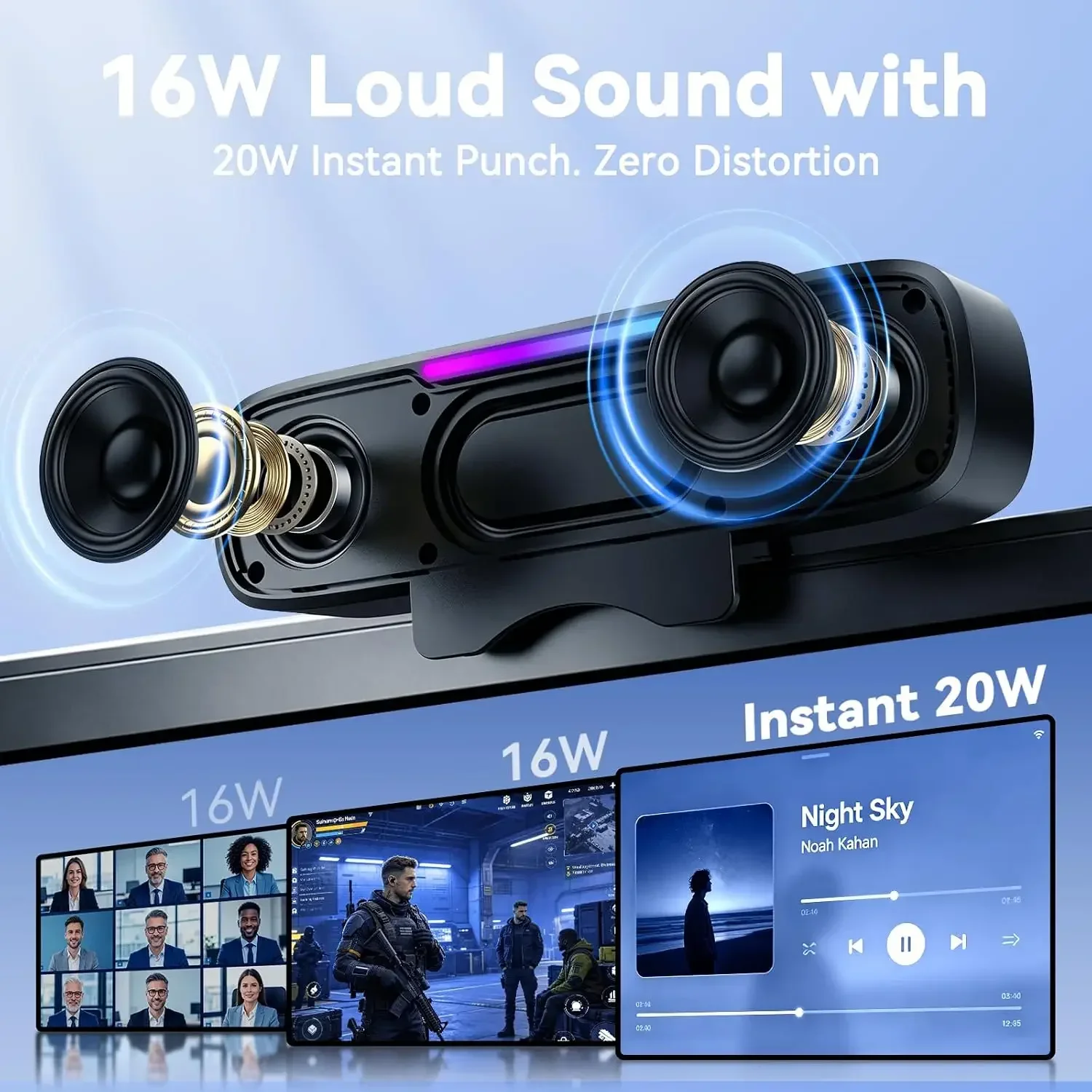OHAYO Computer Speakers for Desktop PC, USB Plug-in with G-Sensor/16W/BT5.3 RGB Light, Volume Knob, Loud Sound Monitor Speaker