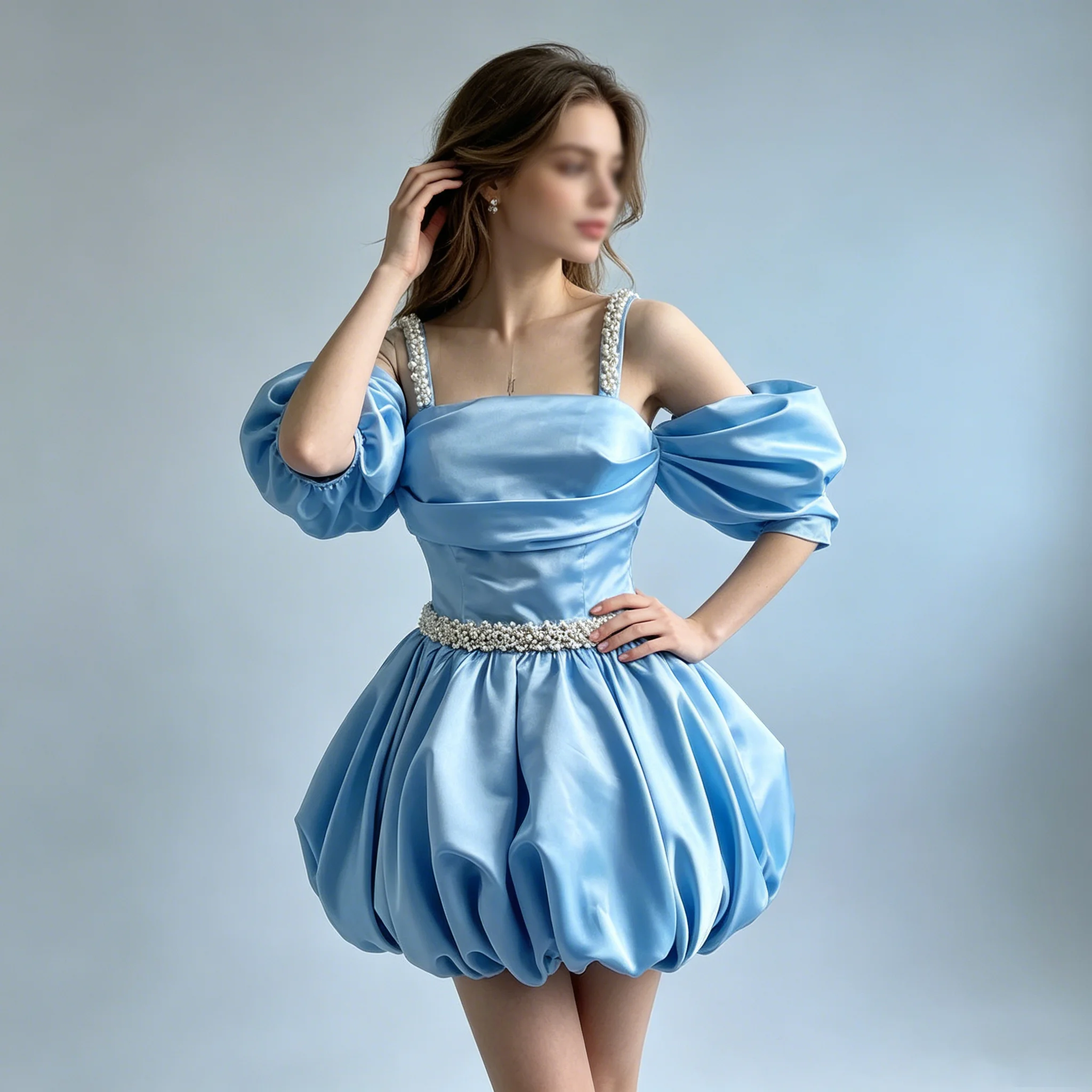 Elegant Light Blue Strapless Ruffle High Low Dress Satin Flower Detail Prom Gown Women Formal Occasion Mini Dress With Train